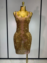 Women Sexy Stage Perform Outfit Club Gown Shining Gold Rhinestones Elegant Mesh Dress Birthday Evening Party Photoshoot Costume